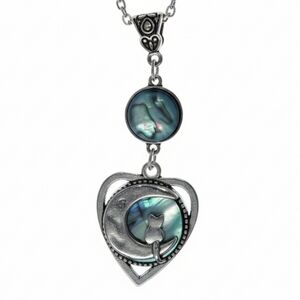 NEW Silver Cat & Moon Pendant Necklace with Abalone Inlay